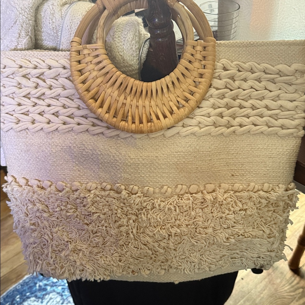 Woven Cream Straw-Handle Tote Bag
